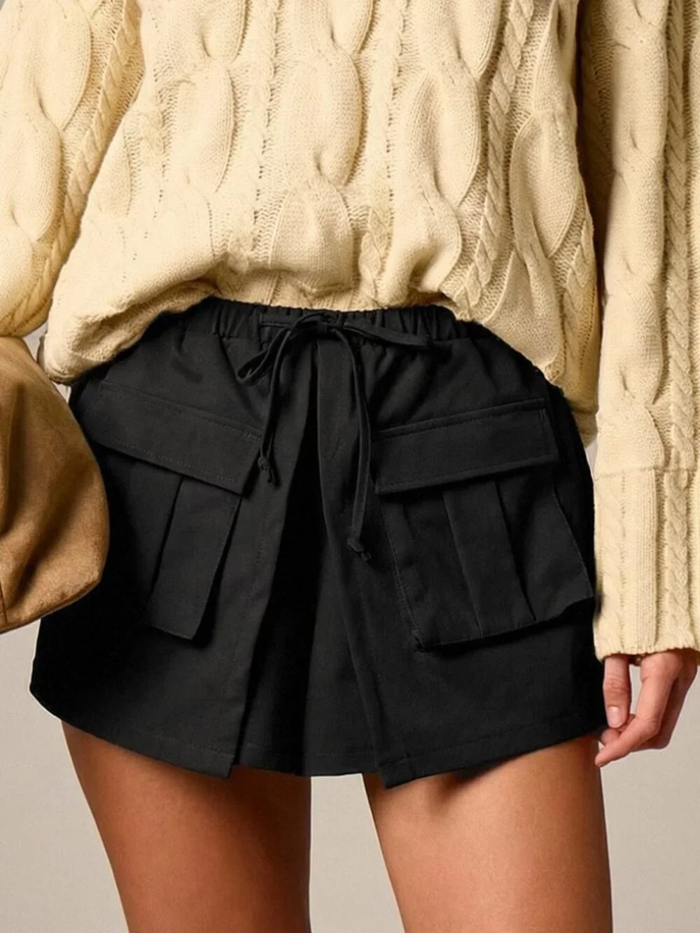 Black Utility Women's Cargo Shorts with Drawstring Waist and Flap Pockets